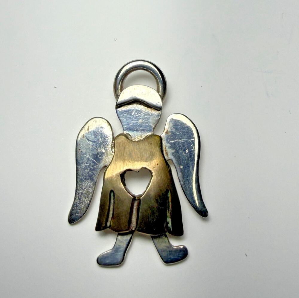 Mex925 Sterling Silver and Brass Angel Heart Pin Brooch Pendant 1 inch
